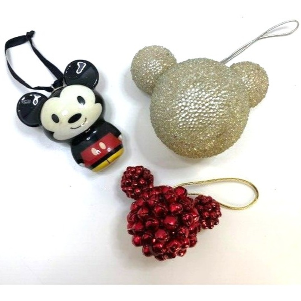 Lot of 3 Disney Christmas Ornaments Mickey Mouse Head Glitter Bells Itty Bitty‎